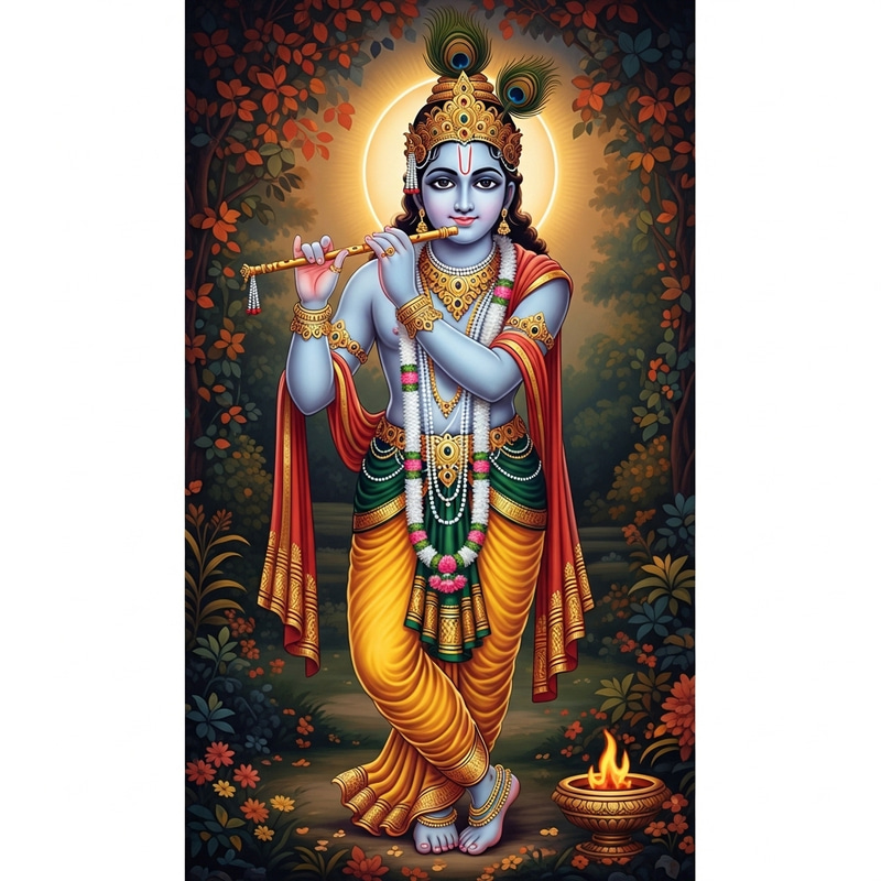 Mythological Representation of Krishna in Serene Indian Art Style Mythological Representation of Krishna in Serene Indian Art Style