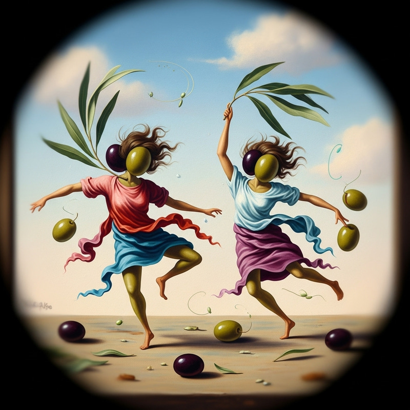 Enchanting Dancing Olives: Whimsical Surrealist Artwork Enchanting Dancing Olives: Whimsical Surrealist Artwork