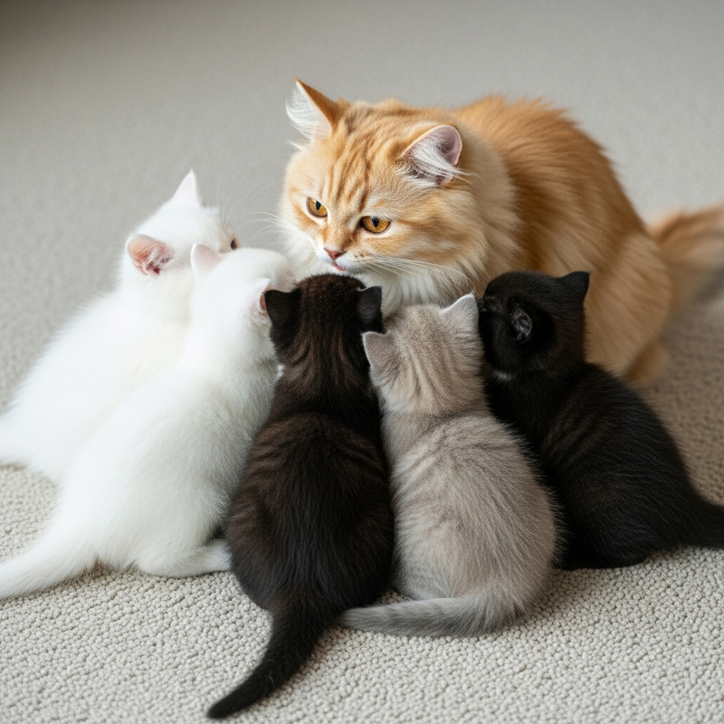 Adorable British Long Hair Kittens Nursed by Their Mom