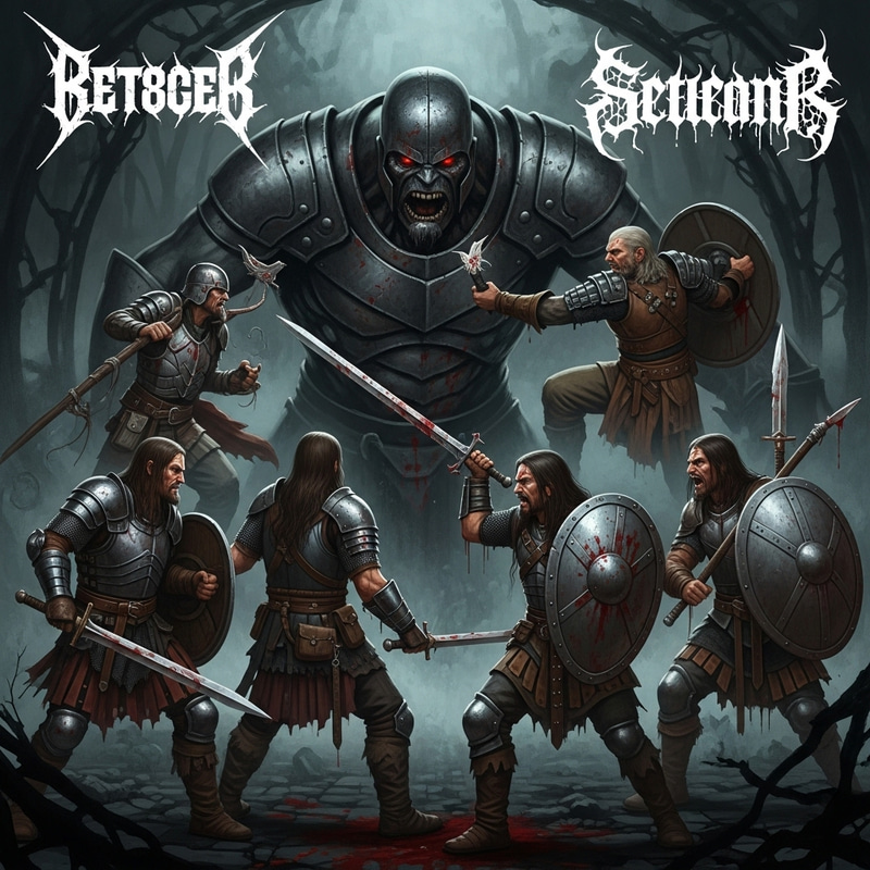 Epic Dark Medieval Fantasy Artwork | Metalhead Warriors Confront Giant Villain Epic Dark Medieval Fantasy Artwork | Metalhead Warriors Confront Giant Villain