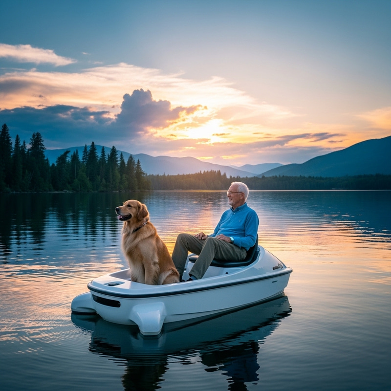 Tranquil Sunset Boat Ride: Elderly Man and Golden Retriever Tranquil Sunset Boat Ride: Elderly Man and Golden Retriever