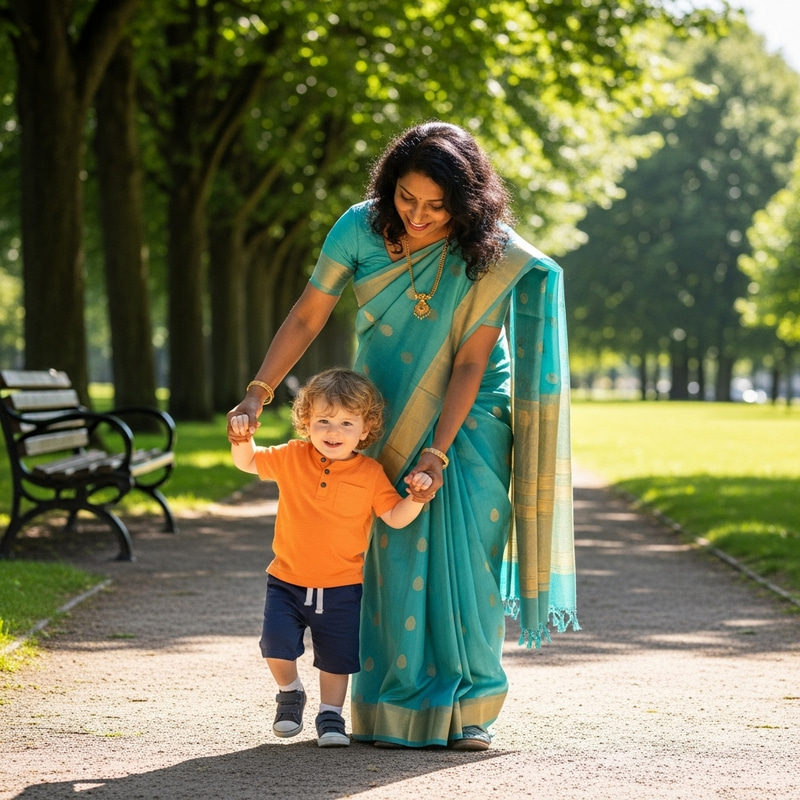 Happy Mother Helping Toddler Learn to Walk