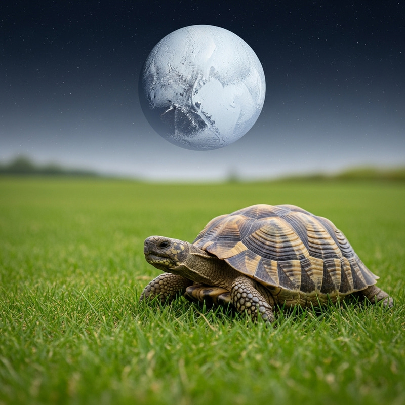 Majestic Turtle in Lush Green Field with Enchanting Pluto View Majestic Turtle in Lush Green Field with Enchanting Pluto View