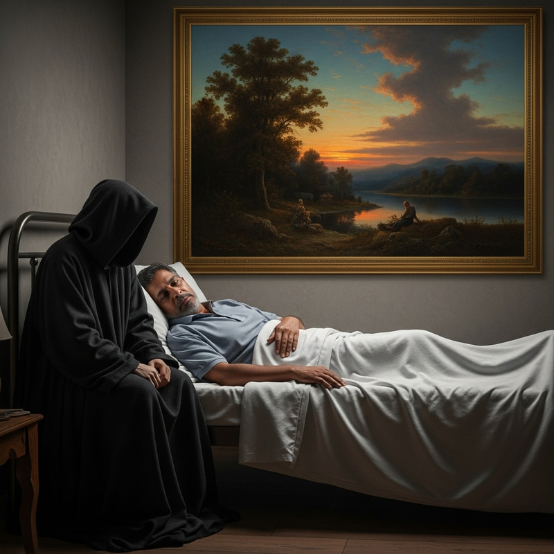 Middle-aged Man's Last Moments with Death and Art Middle-aged Man's Last Moments with Death and Art