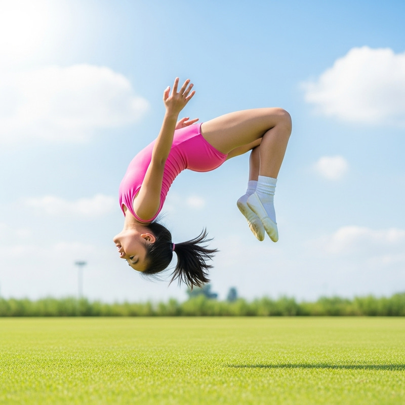 Young Asian Girl Mastering Gymnastics Backflip on Grassy Field Young Asian Girl Mastering Gymnastics Backflip on Grassy Field