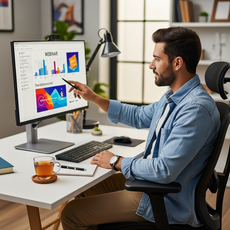 Man Participating in Online Webinar from Home Office Man Participating in Online Webinar from Home Office