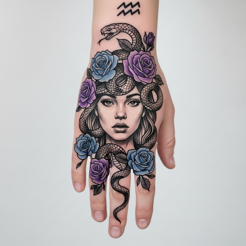 Elegant Aquarius Tattoo Design with Serpentine Hair Elegant Aquarius Tattoo Design with Serpentine Hair