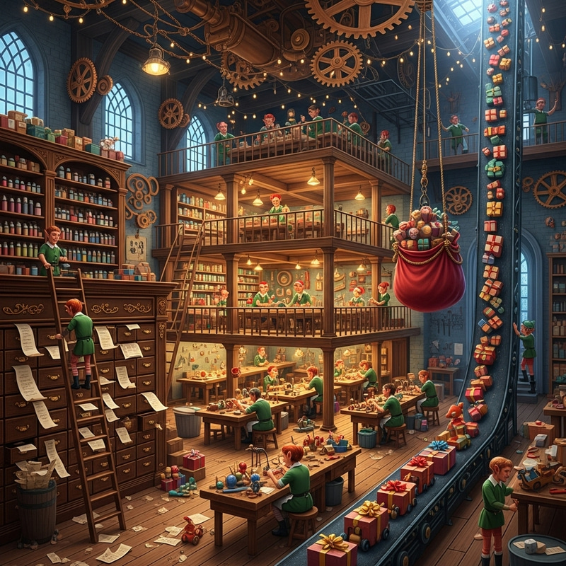 Enchanted Toy Workshop: Elves Crafting Magical Toys in a Copper Wonderland Enchanted Toy Workshop: Elves Crafting Magical Toys in a Copper Wonderland