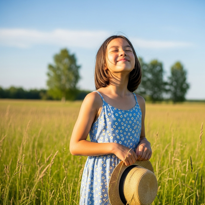 Serene Asian Girl in Sunlit Meadow | Peaceful Nature Scene Serene Asian Girl in Sunlit Meadow | Peaceful Nature Scene