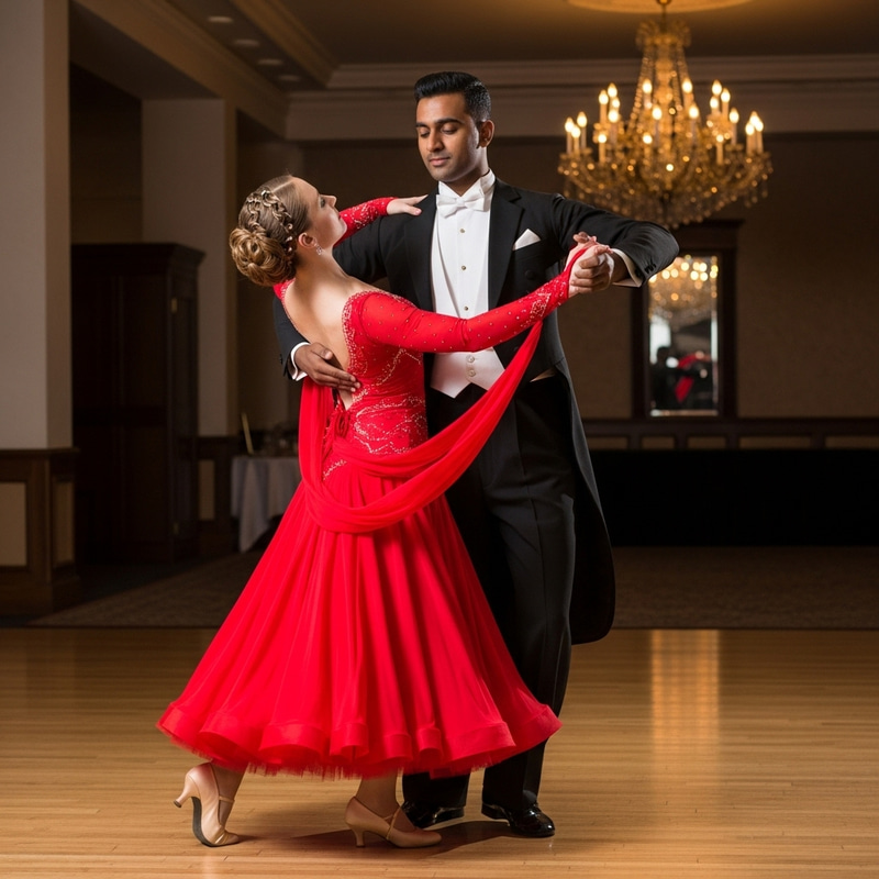 Elegant Waltz Dance: Graceful Couple on Polished Wooden Floor
