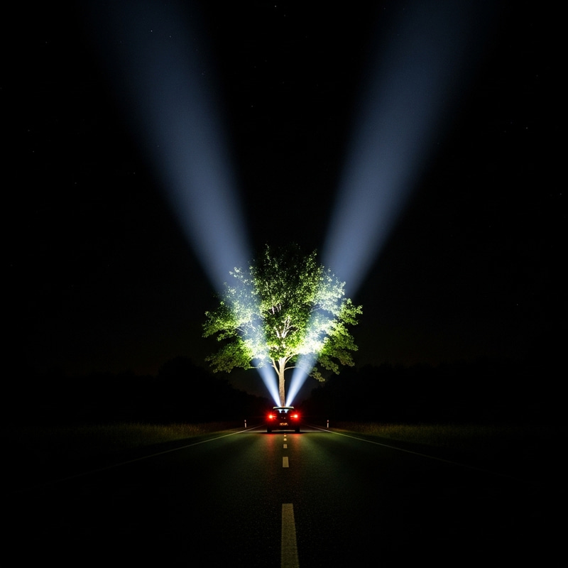 Surreal Tree Headlights Projection in Night Scene Surreal Tree Headlights Projection in Night Scene