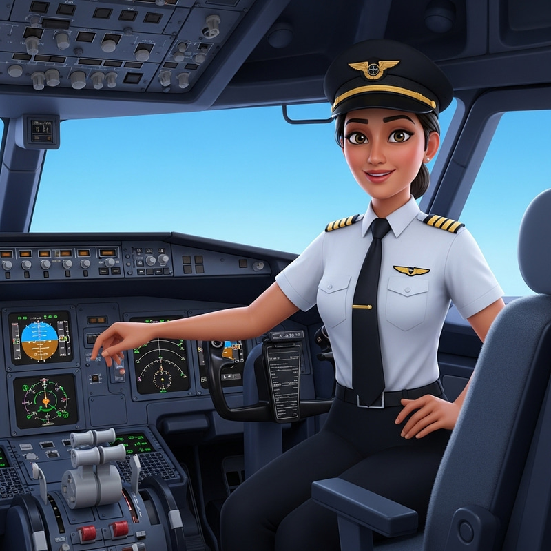 Female Pilot in Animated Airplane Cockpit Female Pilot in Animated Airplane Cockpit