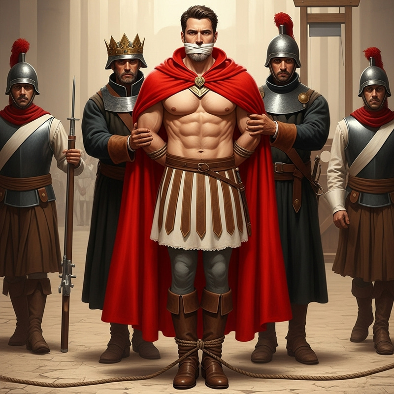 Strong White Bearded Prince in Vibrant Red Cape and Brown Boots