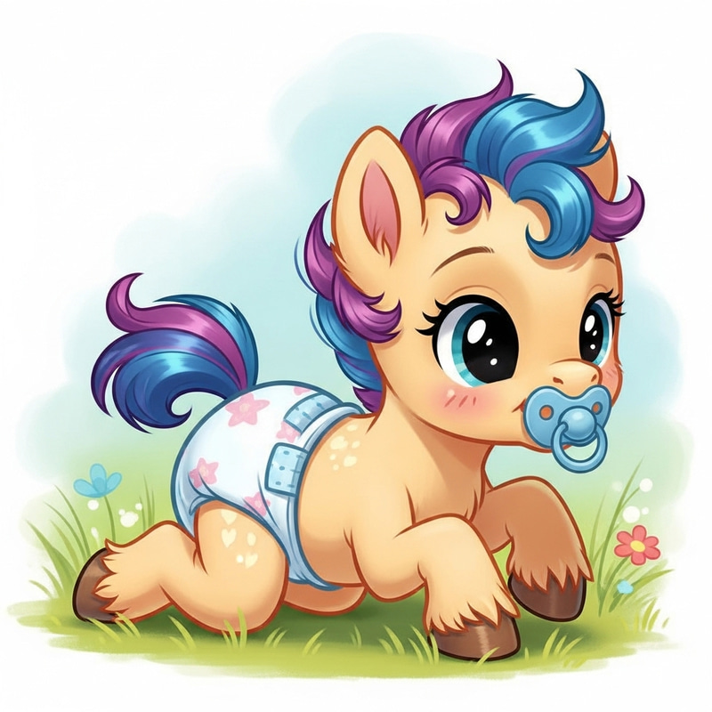 Adorable 3-Month-Old Pony in Colorful Diaper Playing and Crawling Adorable 3-Month-Old Pony in Colorful Diaper Playing and Crawling