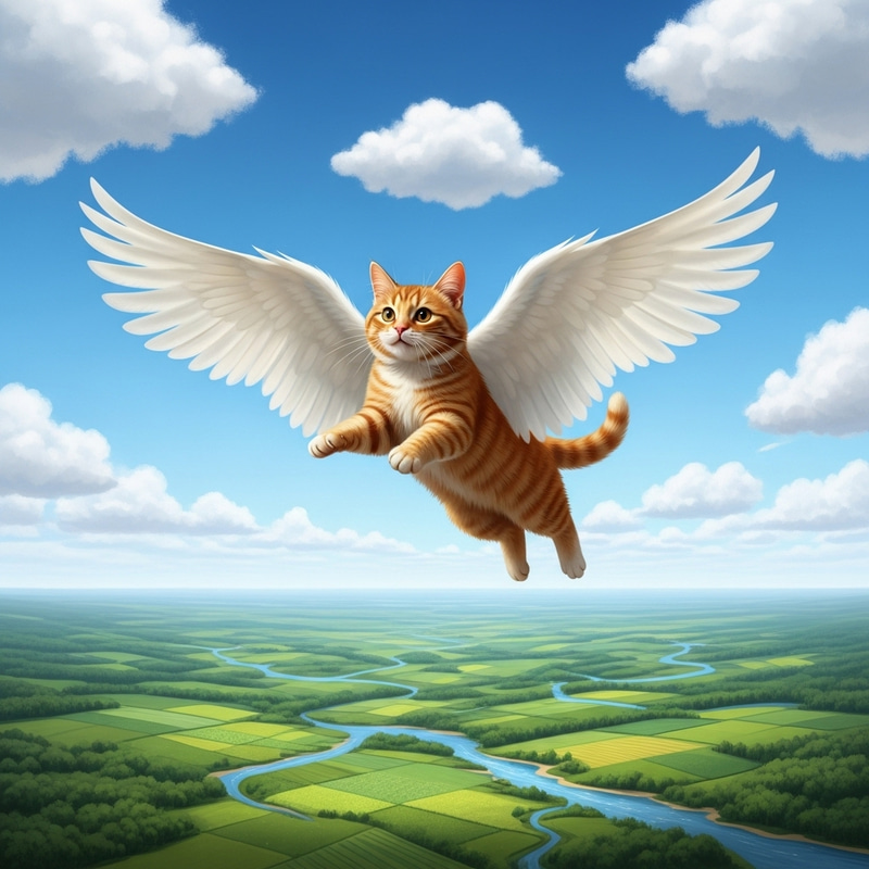 Ginger Cat With Wings Soars in Blue Sky Ginger Cat With Wings Soars in Blue Sky