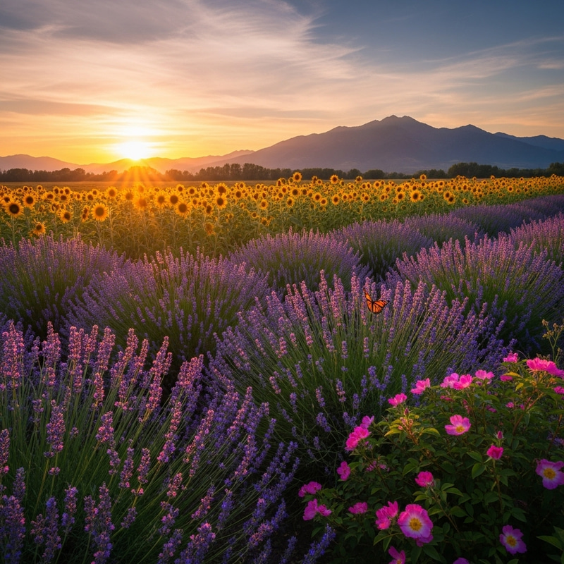 Tranquil Meadow at Sunset | Lavender, Sunflowers, Monarch