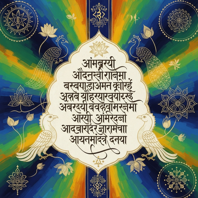 Sanskrit-Inspired Artwork with Symbolic Motifs and Vibrant Colors