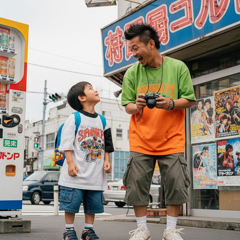 Early 2000s Joyful Japanese Father and Son in Urban Setting Early 2000s Joyful Japanese Father and Son in Urban Setting