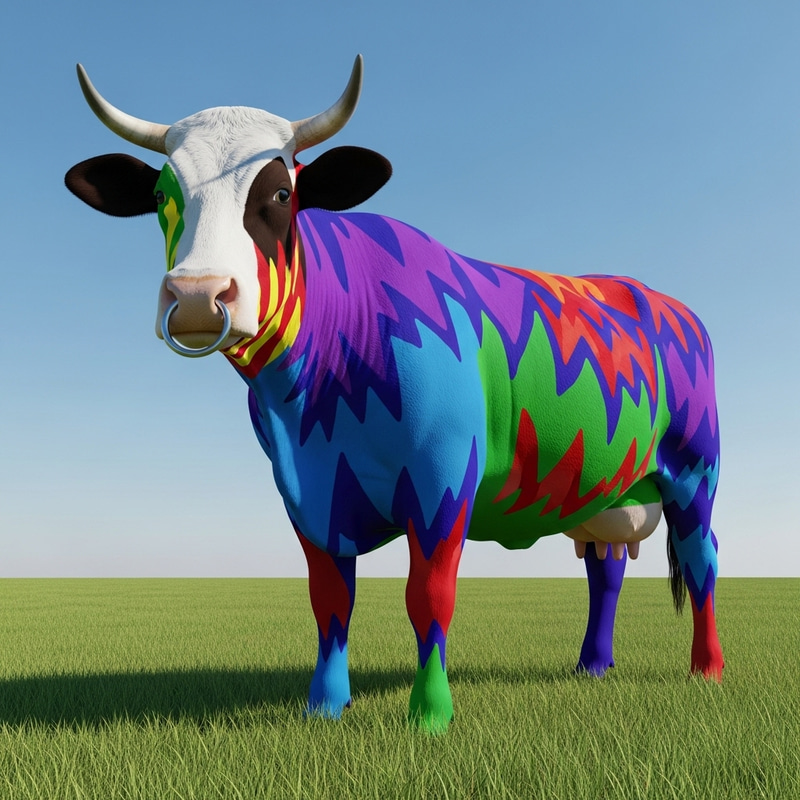 Whimsical Cow with Vivid Patterns and Pierced Nostril Whimsical Cow with Vivid Patterns and Pierced Nostril