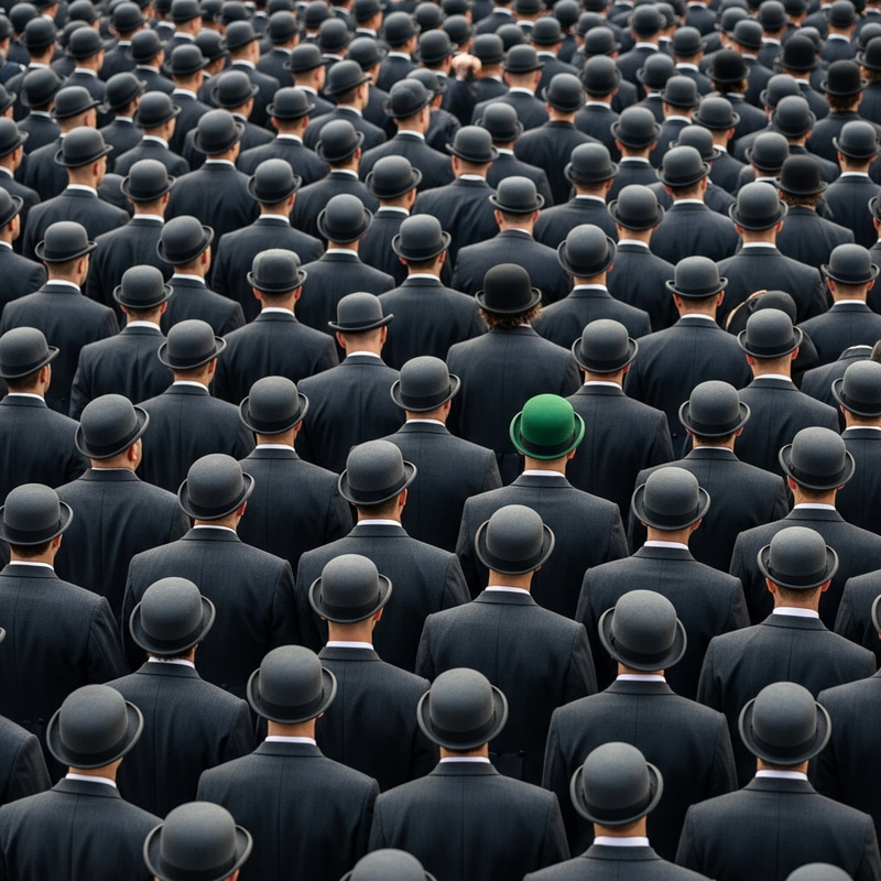 Synchronized Crowd in Formal Attire with Unique Green Hat