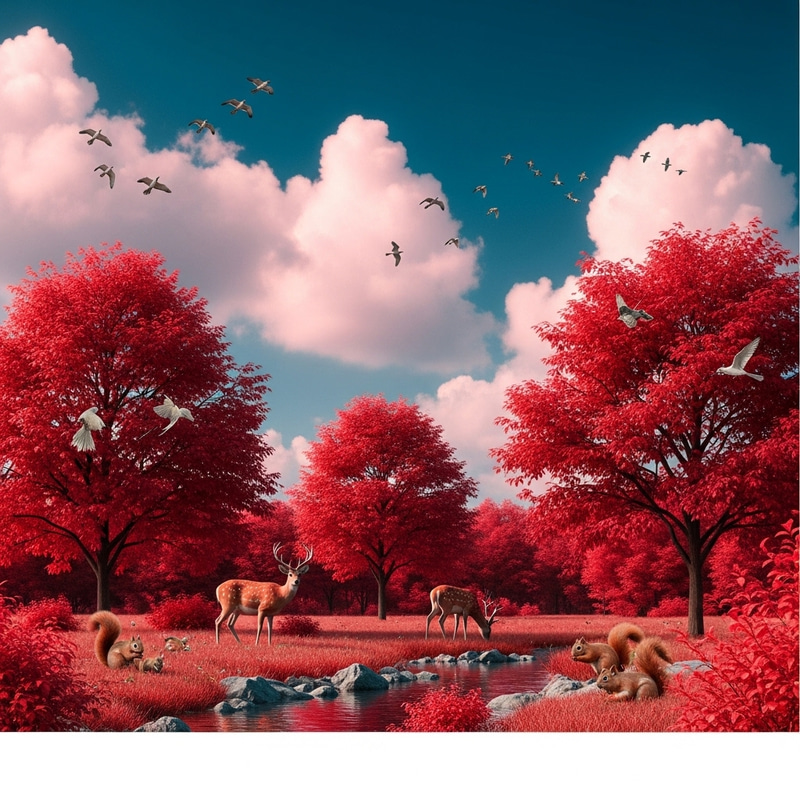 Wild Animals in Utopian Wildlife Scene: Nature, Blue Sky, Red Trees