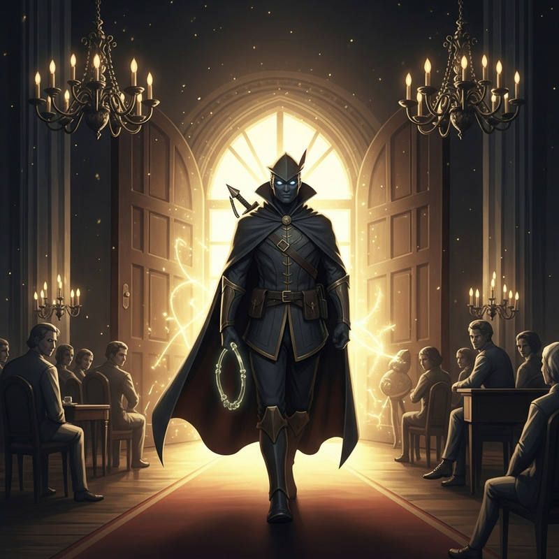 Modern Robin Hood with a glowing aura providing dream fulfillment service