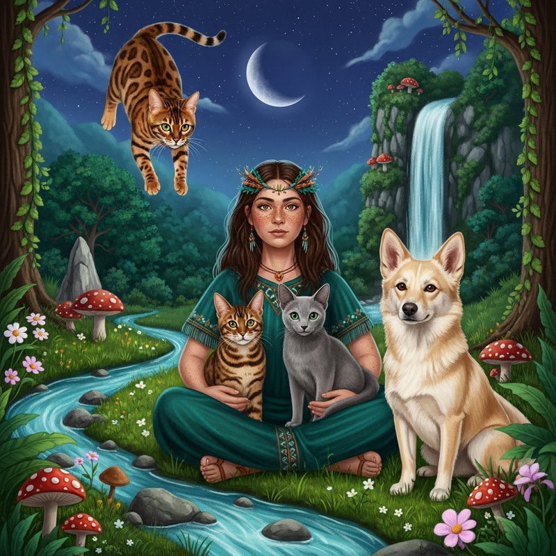 Shamanic Woman Surrounded by Bengal Cats, Russian Blue, and Golden Dog Shamanic Woman Surrounded by Bengal Cats, Russian Blue, and Golden Dog