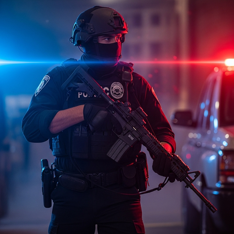 Local Police Officer Wielding Long Gun During Assault