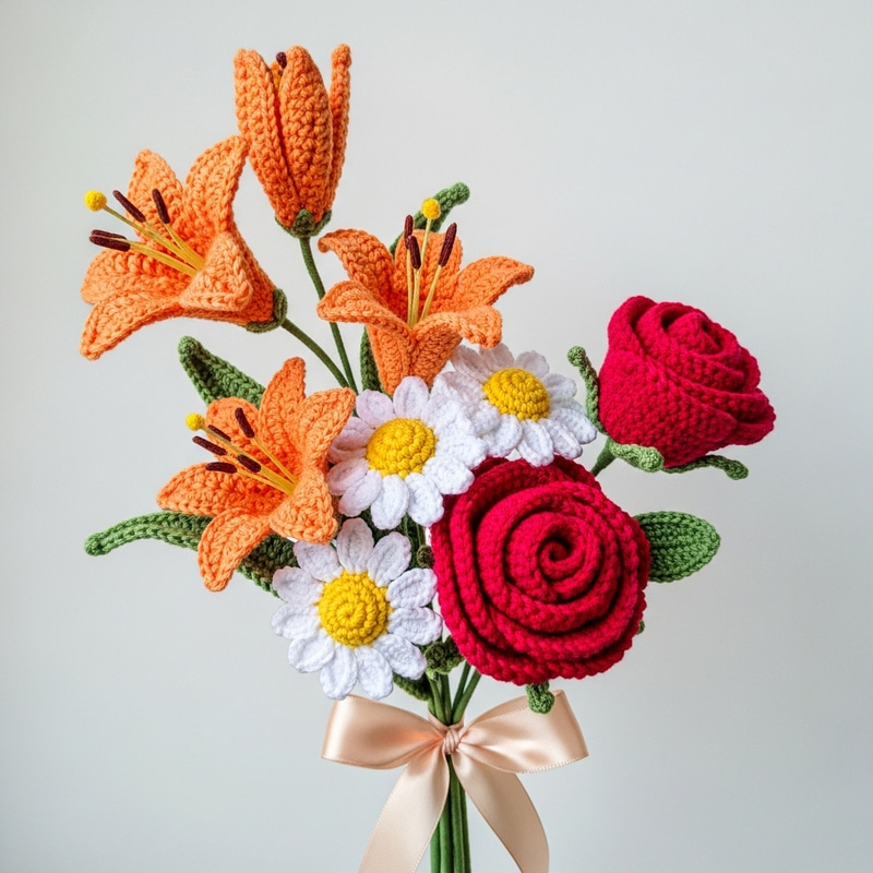 Vibrant Crochet Lillium, Daisy & Rose Bouquet Vibrant Crochet Lillium, Daisy & Rose Bouquet