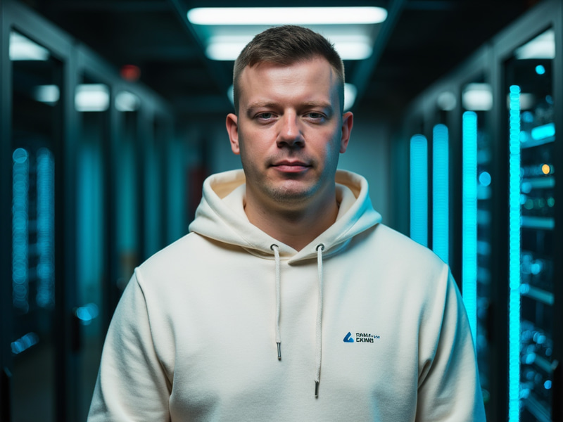 Stylish Model in Graphic Hoodie | High-Tech Backdrop Stylish Model in Graphic Hoodie | High-Tech Backdrop