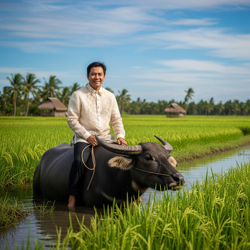 Filipino Man Riding Carabao in Rice Field - Authentic Scene Filipino Man Riding Carabao in Rice Field - Authentic Scene