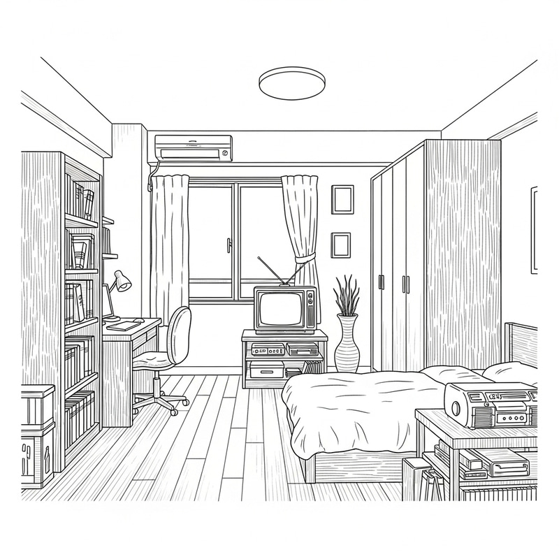 Student Bedroom Setup with Bookshelf, Study Table, Bed, and Closet Student Bedroom Setup with Bookshelf, Study Table, Bed, and Closet