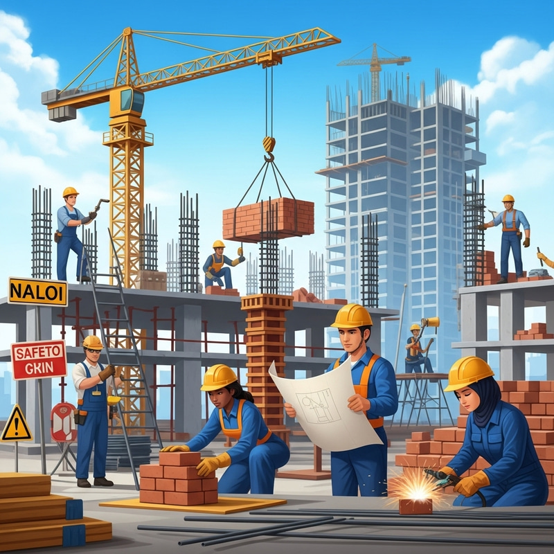 Colorful Building Construction Poster with Diverse Workers Colorful Building Construction Poster with Diverse Workers
