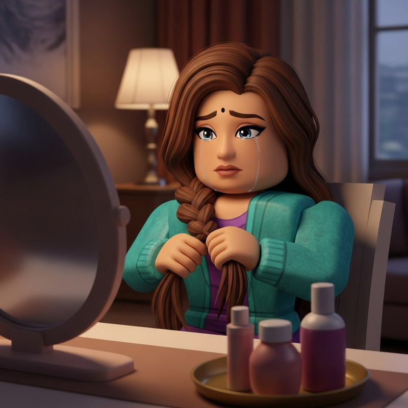Roblox Style South Asian Woman Creating Intricate Braids with Tears Roblox Style South Asian Woman Creating Intricate Braids with Tears
