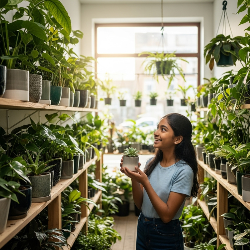 Girl in Vibrant Plant Store | Urban Plant Haven Girl in Vibrant Plant Store | Urban Plant Haven