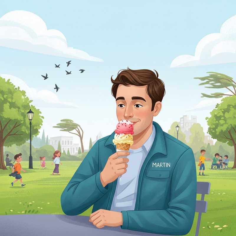 Martin Enjoying Ice Cream in a Lively Park Martin Enjoying Ice Cream in a Lively Park