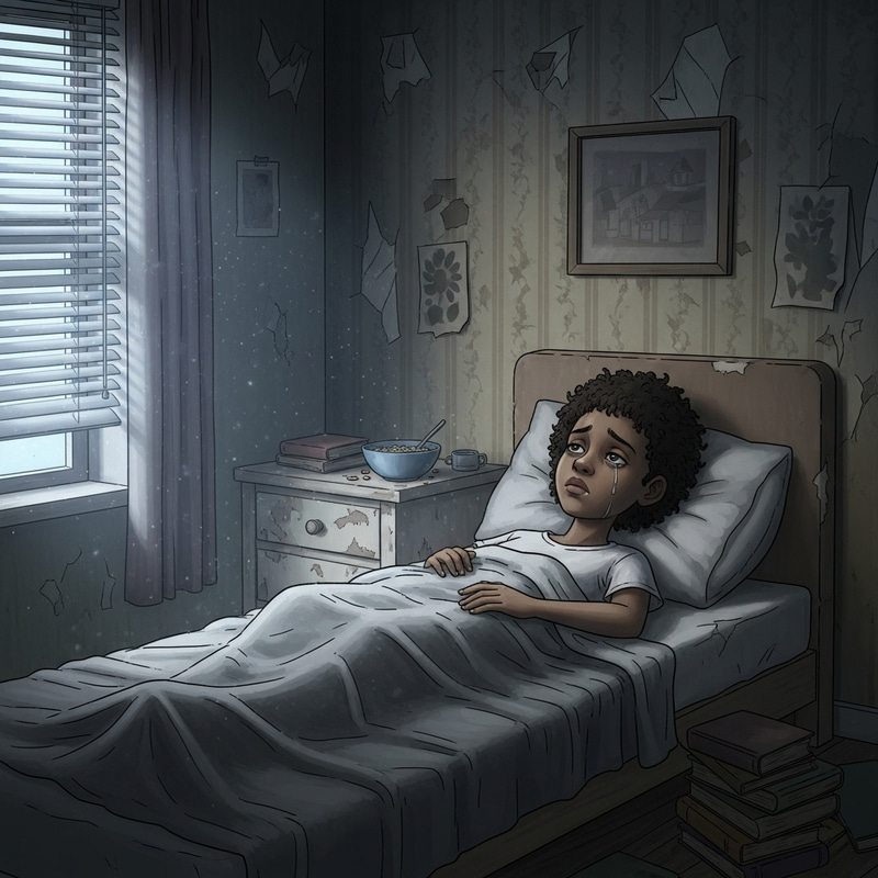 Animated Sad Girl Waking Up in Gloomy Bedroom Animated Sad Girl Waking Up in Gloomy Bedroom