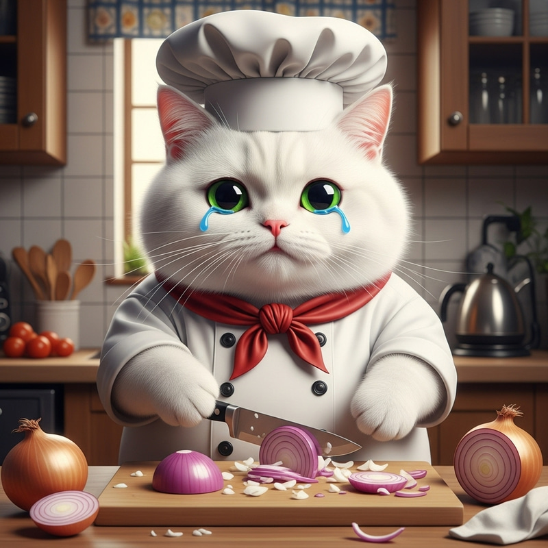 Cute British Cartoon Cat in Chef Costume Cutting Onions