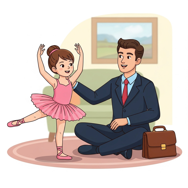Cartoon Ballet Dancer Girl with Proud Office Dad