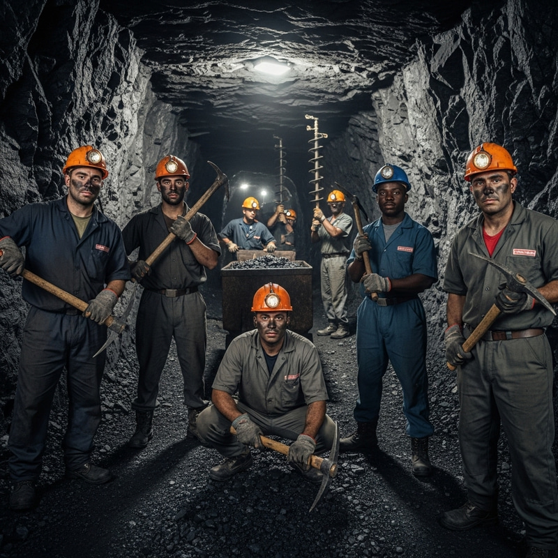 Diverse Team of Miners Hard at Work in Coal Mine Diverse Team of Miners Hard at Work in Coal Mine
