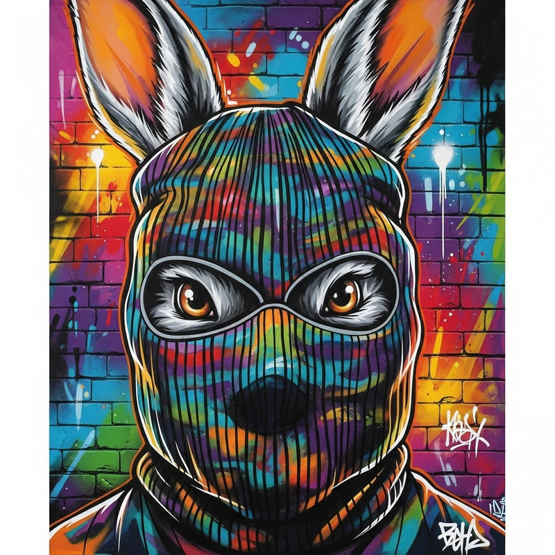Vibrant Graffiti Rabbit Art: Urban Bandit Balaclava Mural