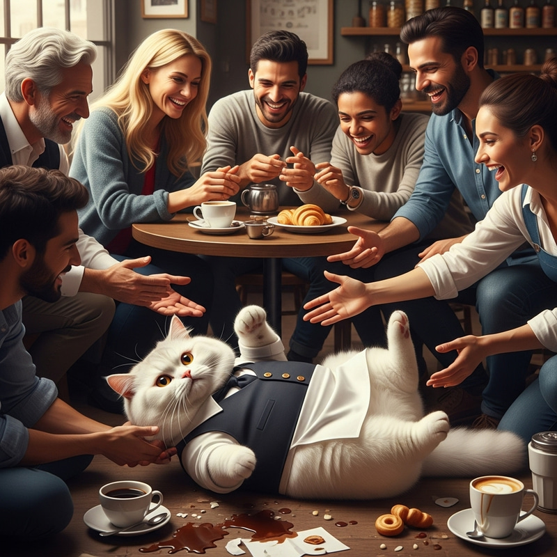 Humorous Scene: Fluffy British Cat Waiter Mishap in Cafe