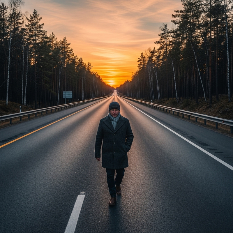 Serene Walk on Deserted Highway - A Contemplative Stroll in Nature's Beauty Serene Walk on Deserted Highway - A Contemplative Stroll in Nature's Beauty