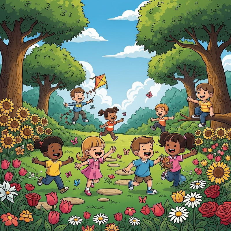 Cartoon Kids Playing in Garden - Outdoor Fun Cartoon Kids Playing in Garden - Outdoor Fun