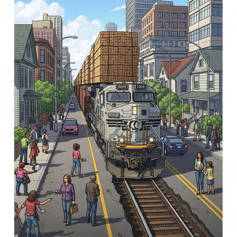 Wood-Laden Train Moving Down City Street