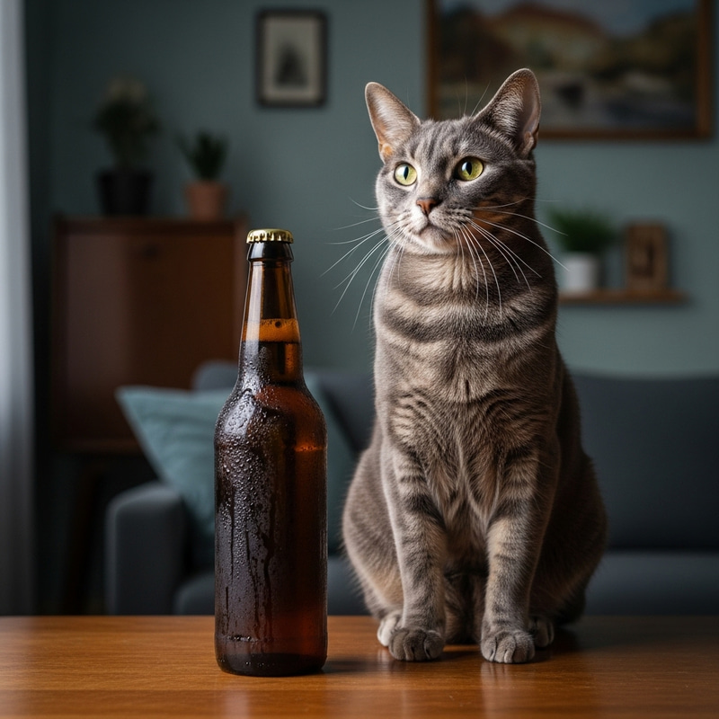 Curious Gray Cat and Closed Beer Bottle - Cozy Scene Curious Gray Cat and Closed Beer Bottle - Cozy Scene