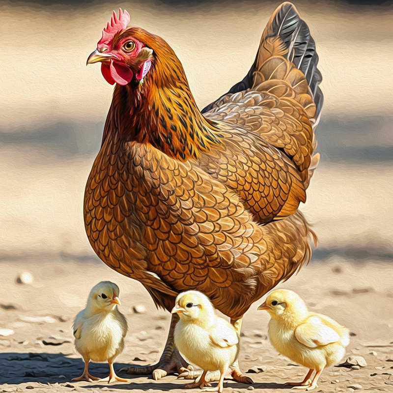 Serene Mother Hen and Chicks in Impressionist Style
