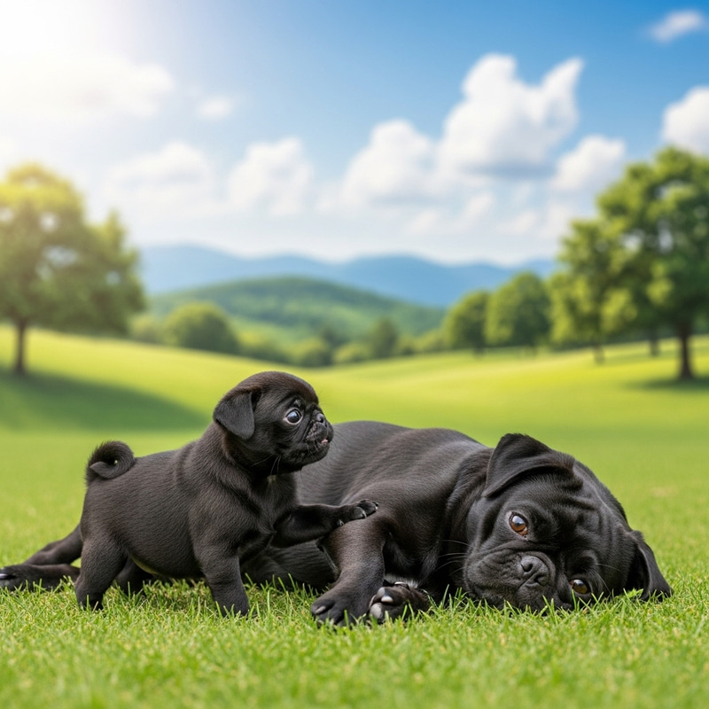 Enchanting Black Pug Puppy Playing Scene in Serene Landscape Enchanting Black Pug Puppy Playing Scene in Serene Landscape
