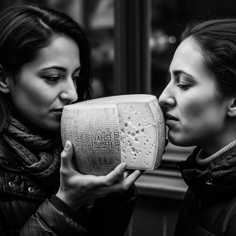 Unexpected Interaction: Disgusted Woman Smelling Cheese, in B&W Unexpected Interaction: Disgusted Woman Smelling Cheese, in B&W
