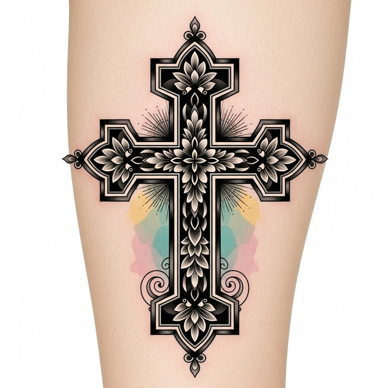 Intricate Cross Tattoo Design with Spiritual Elements